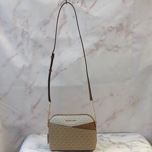 NWT Michael Kors Tan and Brown Crossbody Bag with Gold Accents